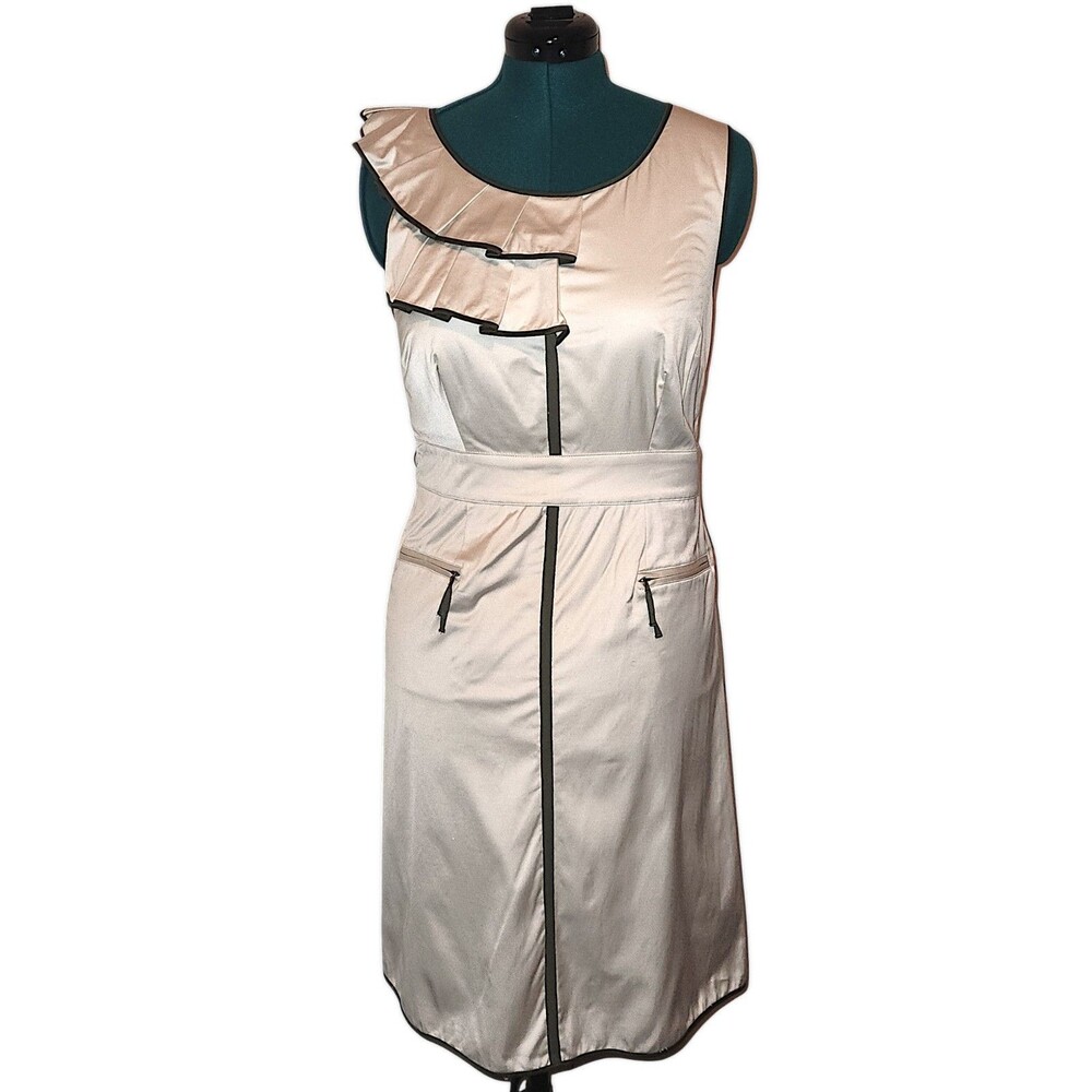 Sinclaire Tan Pleated Neck Detail Size 12 Classic Knee Length Sleeveless Dress